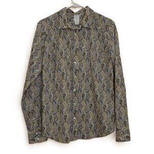 Y2K J Crew Button Up The Perfect Shirt Size 8 Paisley Gray Yellow Preppy Retro